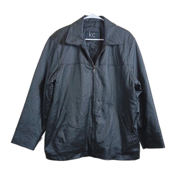 KC Collection Leather Bomber Jacket Womens Large Black Zip Winter Breaker Casual - Picture 1 of 8